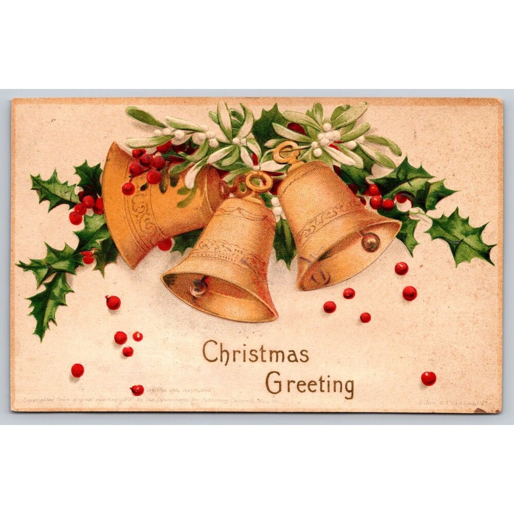 Postcard Christmas Greetings Embossed Gold Bells Ellen Clapsaddle Posted 1908 NH
